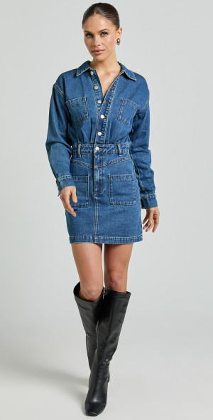 knee length dresses for ladies Women's Denim Long Sleeve Maxi Wrap Dress -- FI-6204D