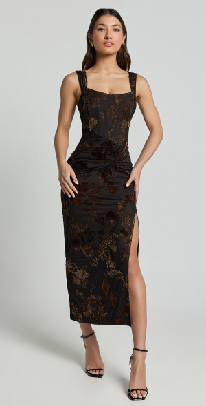 Showpo - Karlene Midi Dress - Ruched Corset Burnout Dress in Black and Brown