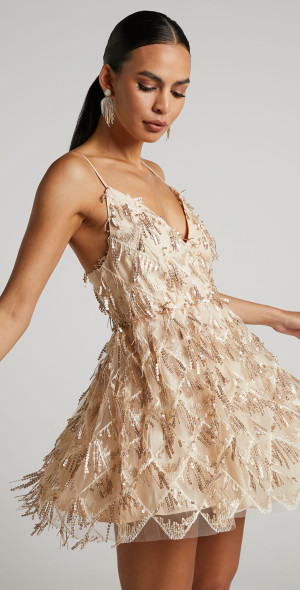 Showpo - Khrizza Mini Dress - Sequin Gathered Dress in Gold