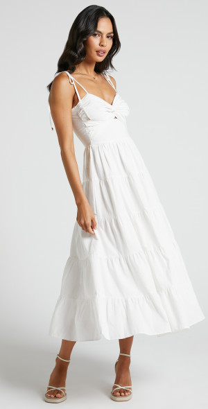 Showpo - Leticia Midi Dress - Twist Front Tie Strap Tiered Dress in Off  White