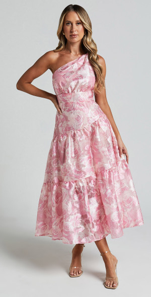 Showpo - Lettie Midi Dress - One Shoulder Tiered Dress in Blurred Rose