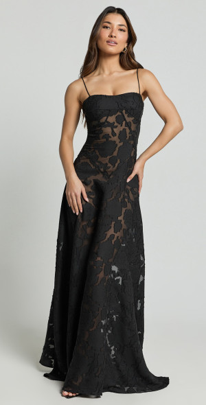 Showpo - Lily Maxi Dress - Sheer Jacquard Maxi Dress in Black