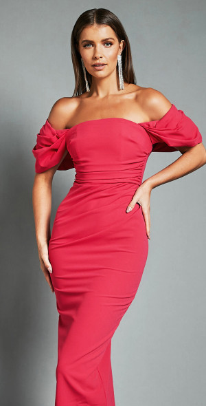 Showpo - Lohan Midi Dress - Off Shoulder Puff Sleeve in Berry
