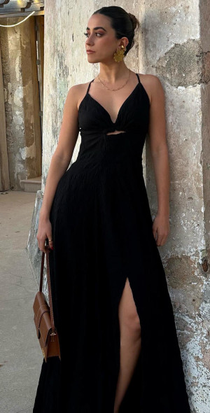 Showpo - Marisse Maxi Dress - Cut Out Front Split Cross Back Textured Dress  in Black