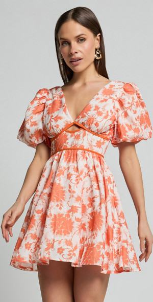 Showpo - Natalia Mini Dress - Puff Sleeve Cut Out Dress in Orange Floral Showpo - Natalia Mini Dress - Puff Sleeve Cut Out Dress in Orange Floral