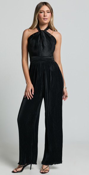Showpo - Paris Jumpsuit - Plisse Halter Neck Wide Leg Jumpsuit in Black