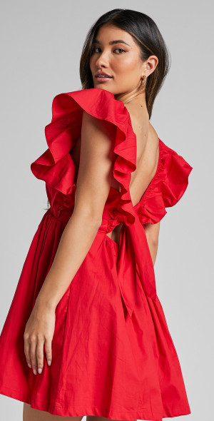 fitted lace wedding dress Long Sleeve Deep Plunge Mini Dress in Red - 4 main image 0