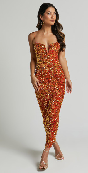 Showpo - Rayner Midi Dress - V Bar Sequin Bodycon Dress in Copper Showpo - Rayner Midi Dress - V Bar Sequin Bodycon Dress in Copper