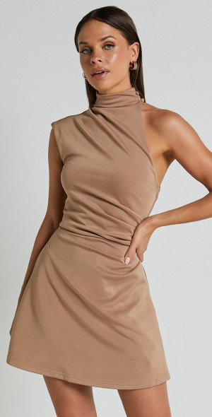 Showpo - Rubie Mini Dress - High Neck Asymmetrical One Shoulder Dress in Mocha Showpo - Rubie Mini Dress - High Neck Asymmetrical One Shoulder Dress in Mocha