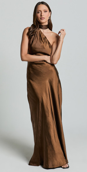 Showpo - Ryan Maxi Dress - Tie Neck One Shoulder Dress in Chocolate Showpo - Ryan Maxi Dress - Tie Neck One Shoulder Dress in Chocolate