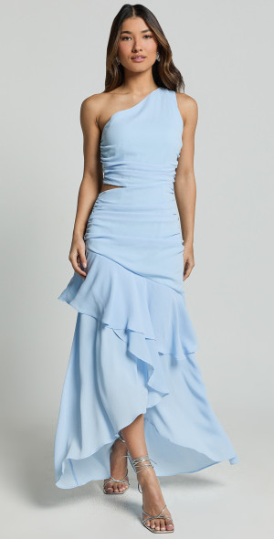 Showpo - Sasha Midi Dress - One Shoulder Side Cut Out Asymmetrical Dress in Ice Blue Showpo - Sasha Midi Dress - One Shoulder Side Cut Out Asymmetrical Dress in Ice Blue