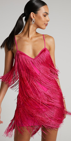 hot pink fringe dress Portia and Scarlett PS24893C Short Sequin Cocktail Cocktail Dresses Barbie x Unique Vintage Plus