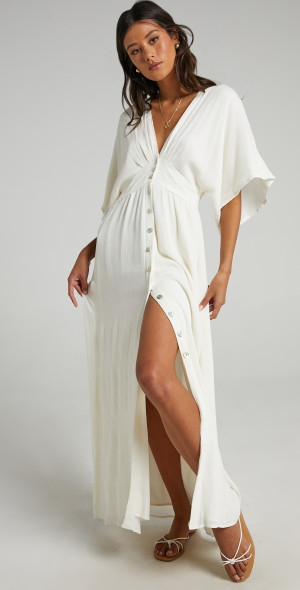Showpo - Sitting Pretty Midi Dress - Short Sleeve Button Down Dress in  Natural