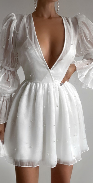 knee length dresses for ladies Marcela Modal Plunge Neck Long Sleeve Maxi Dress in White main image 0