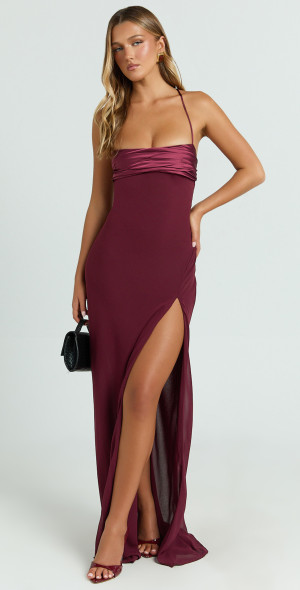 Showpo - Sonya Maxi Dress - Cowl Neck Asymmetric Fit And Flare Dress in Wine