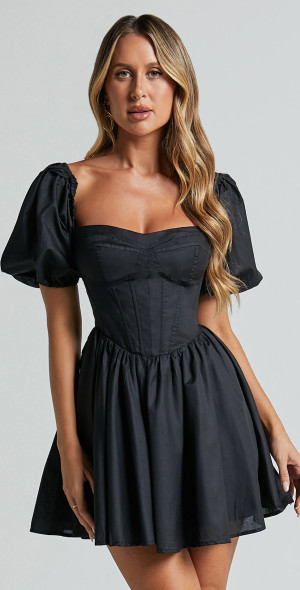 Puff Sleeve Cute Black Flowy Dresses The Black V Neck Button Puff