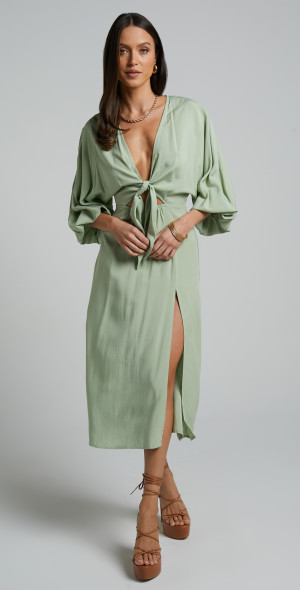 Showpo - Tyricia Midi Dress - Long Sleeve Tie Front Cut Out Dress in Sage Showpo - Tyricia Midi Dress - Long Sleeve Tie Front Cut Out Dress in Sage