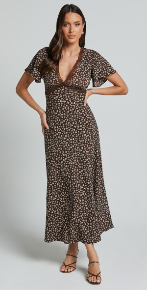 showpo brown lace dress ASTR the Label Long Sleeve Lace A-Line Maxi Dress in Midnight Charcoal at Nordstrom, Size X-Small main image 0