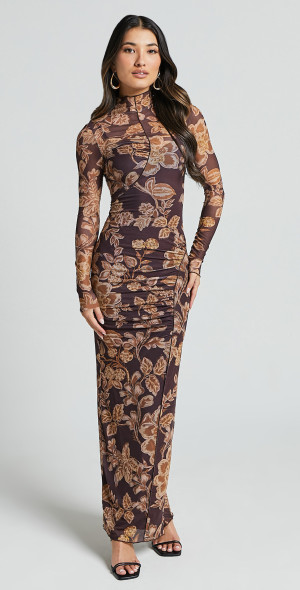 Showpo - Vivian Midi Dress - High Neck Long Sleeve Mesh Dress in Amber  Bloom Print