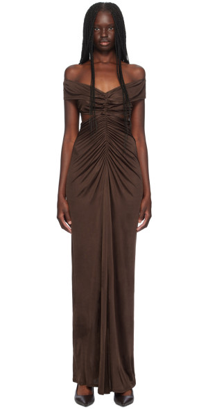knee length dresses for ladies Reine Brown Asymmetrical Ruched Maxi Dress