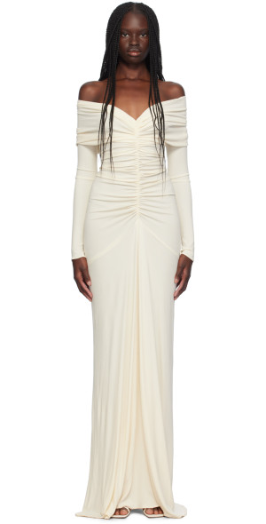 white ruched maxi dress Eva-White Ruched Mesh Halter Neck Maxi Dress