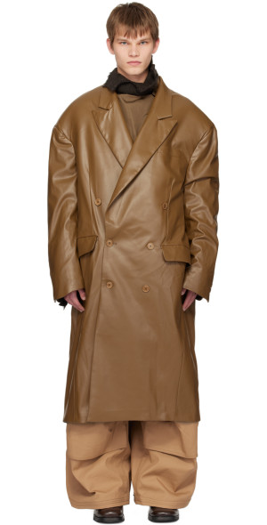 Hed Mayner - Brown Double-Breasted Faux-Leather Coat