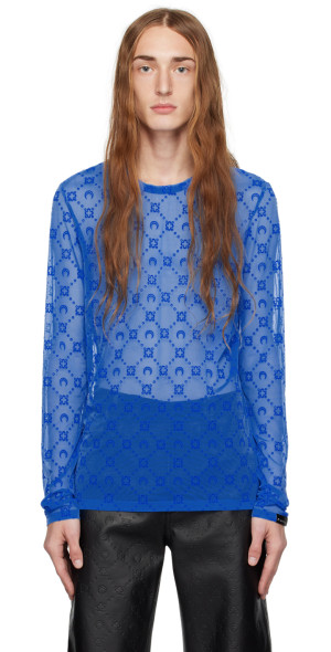 トップス MARINE SERRE Marine Serre Moonogram Navy Moonogram Mesh Long Sleeve T-Shirt by Marine Serre on Sale