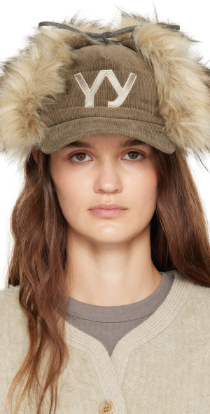 OPEN YY - Khaki & Beige Faux Fur Corduroy Earflap Cap