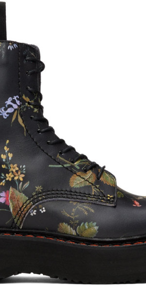 R13 Black Floral Single Stack Platform Lace-Up Boots