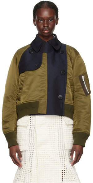 sacai - Green & Navy Mock Double-Breasted Bomber Jacket