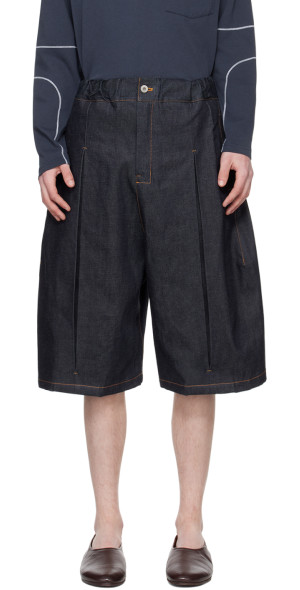 パンツ sage nation box pleats shorts SAGE NATION - Navy Box Pleat Denim Shorts