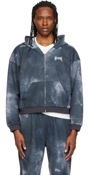 We11done - Gray Trompe L'oeil Denim Printed Zip-Up Hoodie