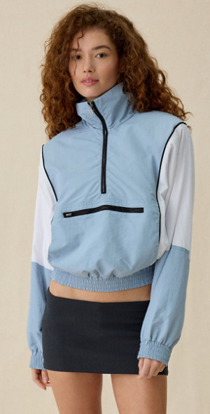 Afrm Virgo Colorblock Cropped Half-Zip Windbreaker Jacket In Dusty Blue Mix