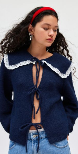 Kimchi Blue - Maude Oversized Collar Tie-Front Cardigan in Navy