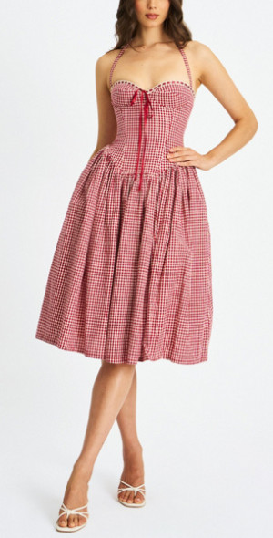 Miss Circle Susanna Cotton Gingham Drop Waist Midi Dress In Red