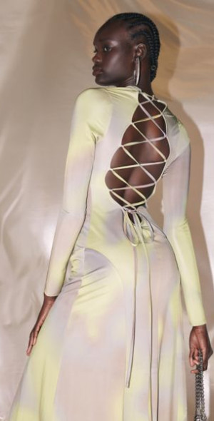 tan lace long dress Beige Embellished Mesh Fitted Midi Dress With Sheer Panels