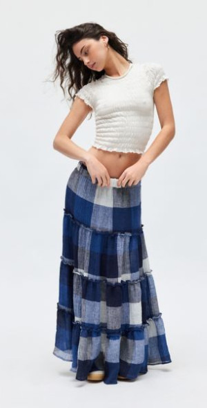 Urban Renewal Remnants Tiered Gingham Maxi Skirt in Navy